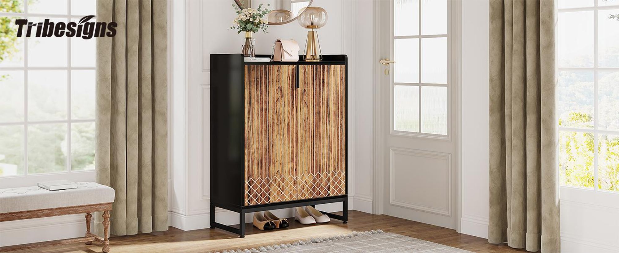 Tribesigns Schuhschrank mit 2 Türen, 75x35x105cm, Schuhregal Schuhkommode für 25 Paare, Schuhschrank weiß mit goldenem Metallrahmen,Schrank Flur Braun