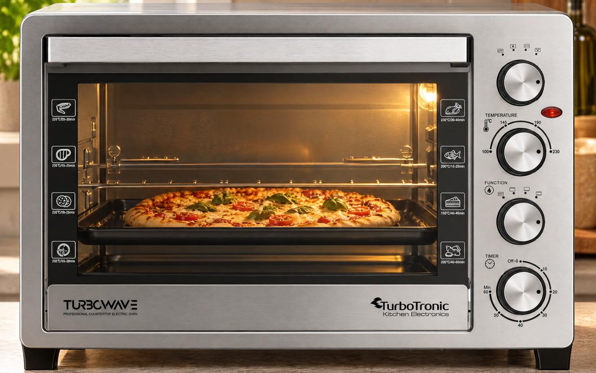 TT-EVS38 aus Edelstahl mit Pizza im beleuchteten Garraum auf einer Küchenarbeitsplatte