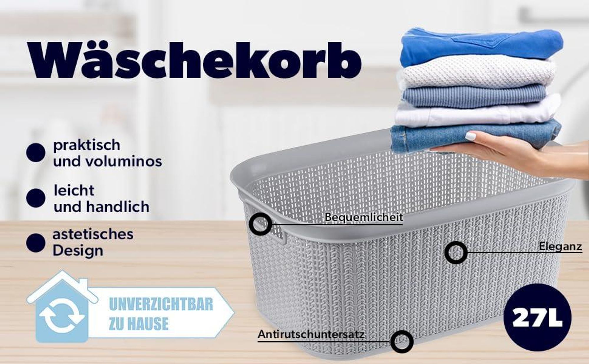 Wäschekorb, multifunktionaler Korb, 27 l, Kunststoff-Wäschekorb, Aufbewahrungskorb, Wäschekorb für das Badezimmer, viel Kleidung, Accessoires, Spielzeug, Wäschebox (grau)