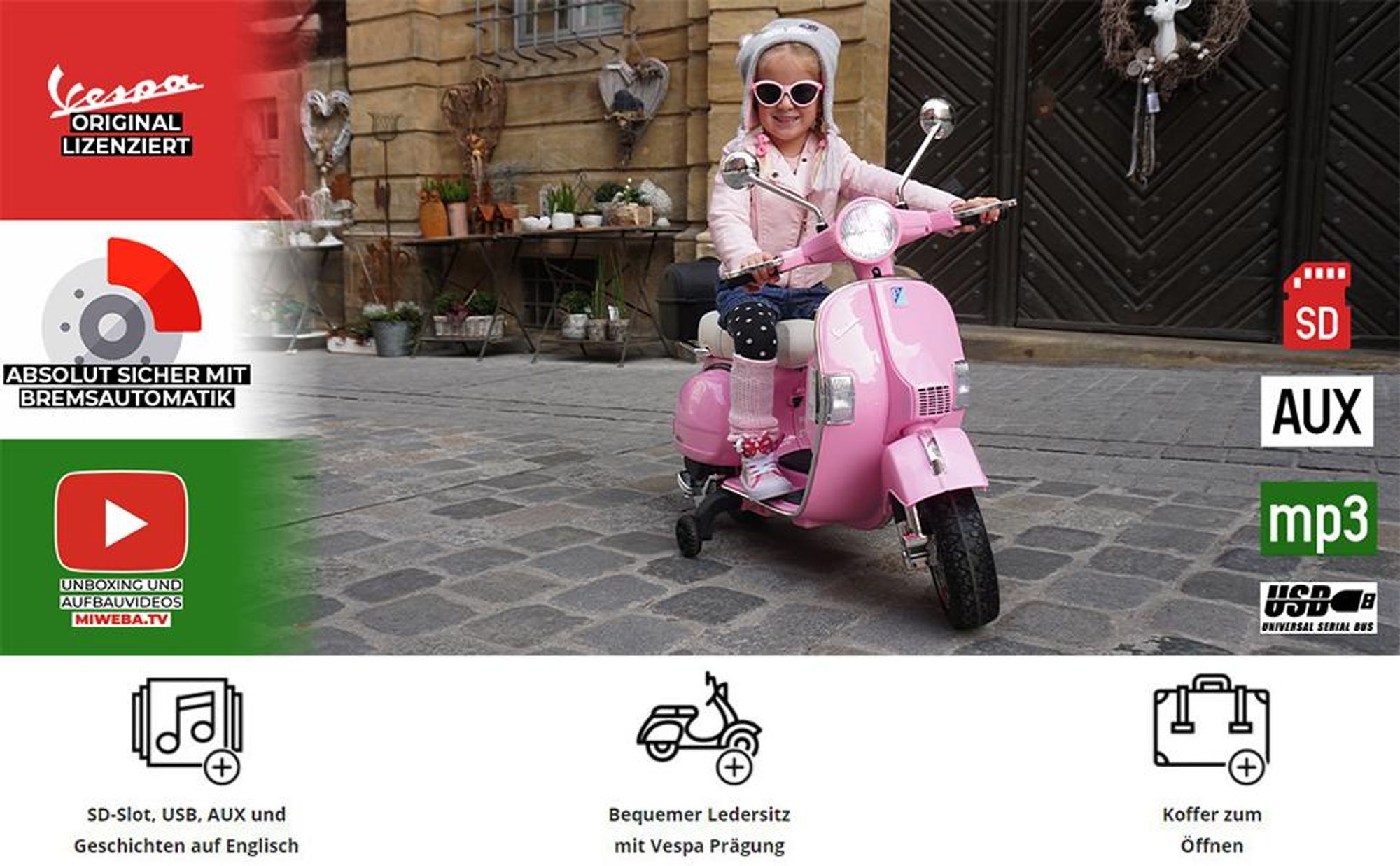 Kinder Elektro Roller Vespa | Mit Stützrädern - Scheinwerfer - Koffer zum Öffnen - Kinder Fahrzeug elektrisch - Hupe & Musik - Ab 3 Jahre (Pink)