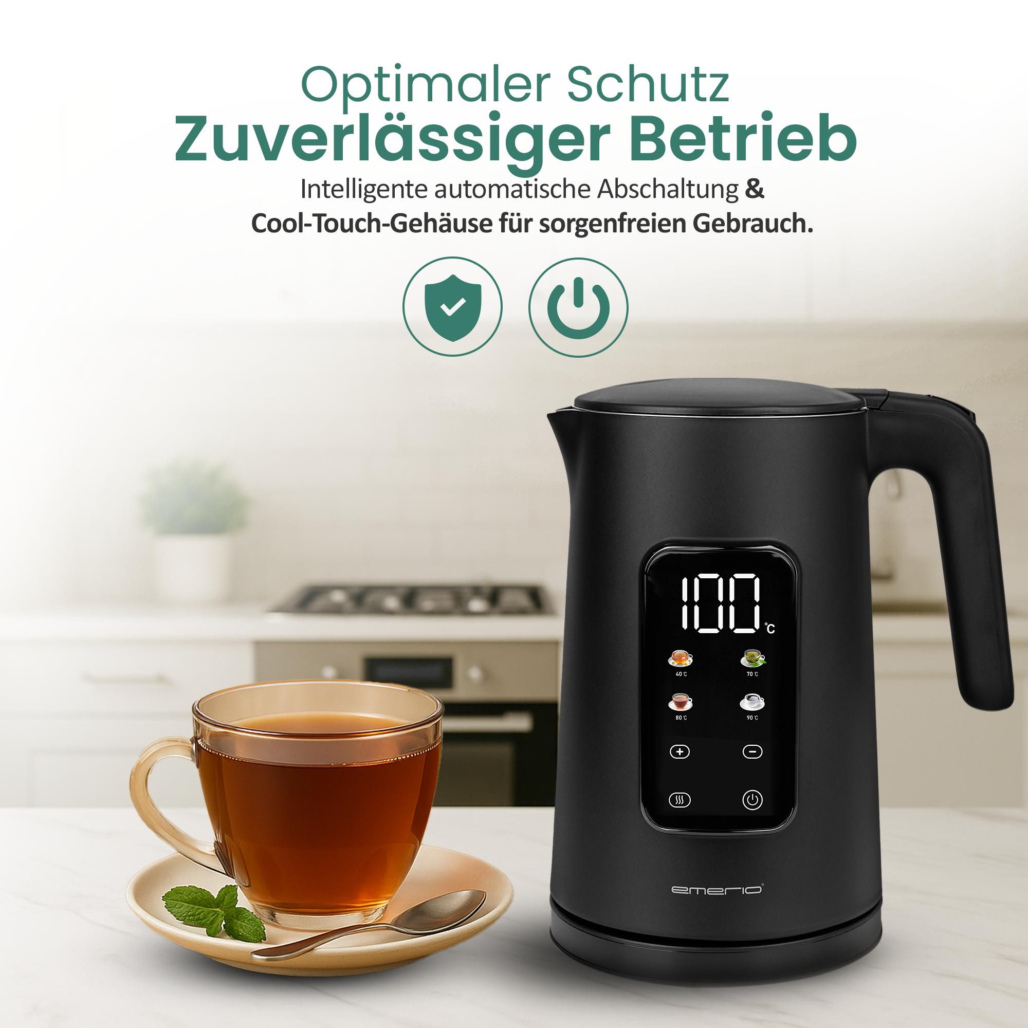 Emerio Wasserkocher mit Temperaturregelung 1,7 Liter – Touch-Bedienung – 360° drehbar – Warmhaltefunktion – 2200 W – WK-132229 – Schwarz