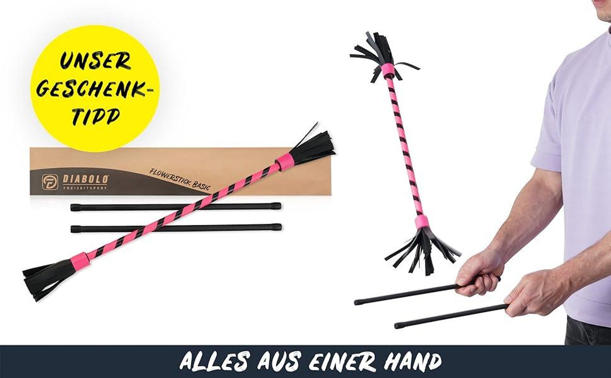 Diabolo Leisure Sport Flowerstick – Flowerstick Basic UV pink mit Fiberglas Handstöcken | Robuster Flowerstick für Anfänger und Fortgeschrittene