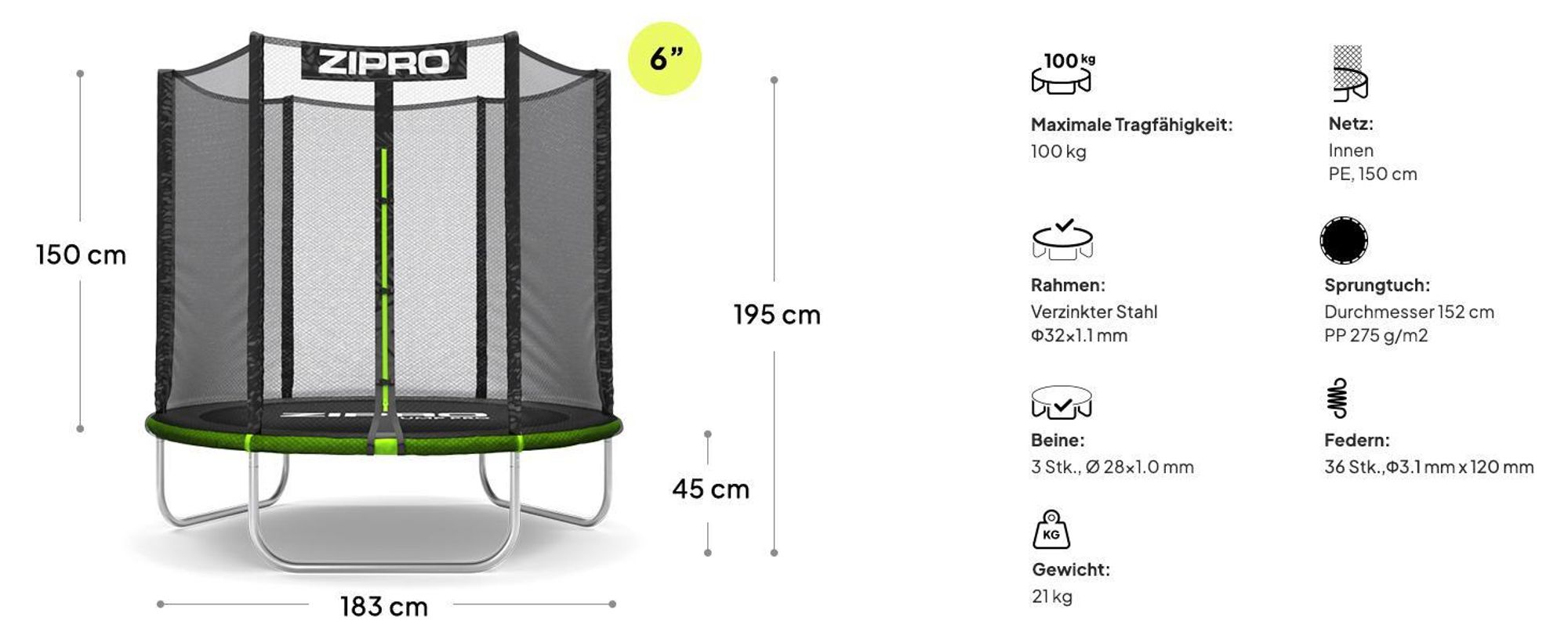 ZIPRO Trampolin Jump Pro Out | 6FT Ø 183 cm | Gartentrampolin Kindertrampolin Komplett-Set inkl. Außennetz, Randabdeckung, Outdoor, Grün