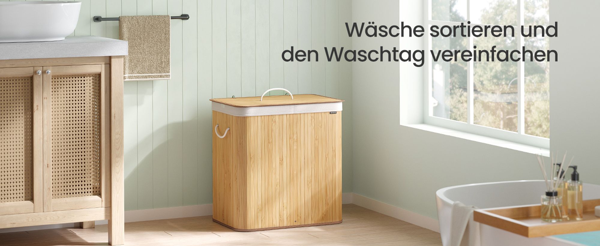 SONGMICS Wäschekorb mit Deckel, 2 Fächer, 120 Liter, Wäschesammler aus Bambus, faltbar