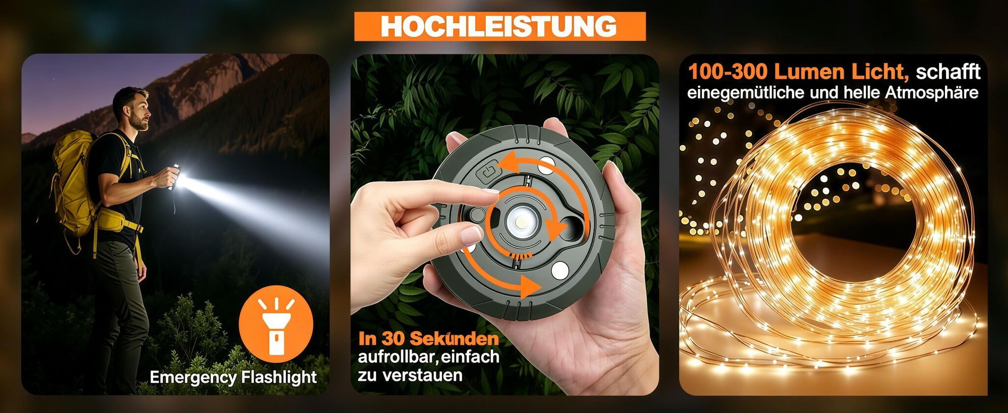 3-in-1 Camping Lichterkette Aufrollbar,5 Leuchtmodi,Tragbare LED Campinglampe,USB wiederaufladbar Campingleuchte,Lichterketten außen 10m,Campingausrüs