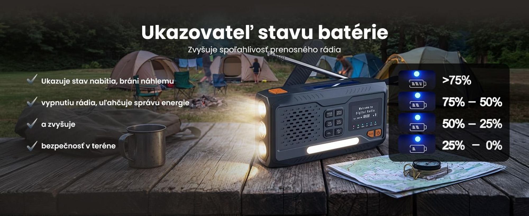 Extralink Núdzové rádio DAB/FM, solárne, dynamo, 4500 mAh, Bluetooth a SOS
