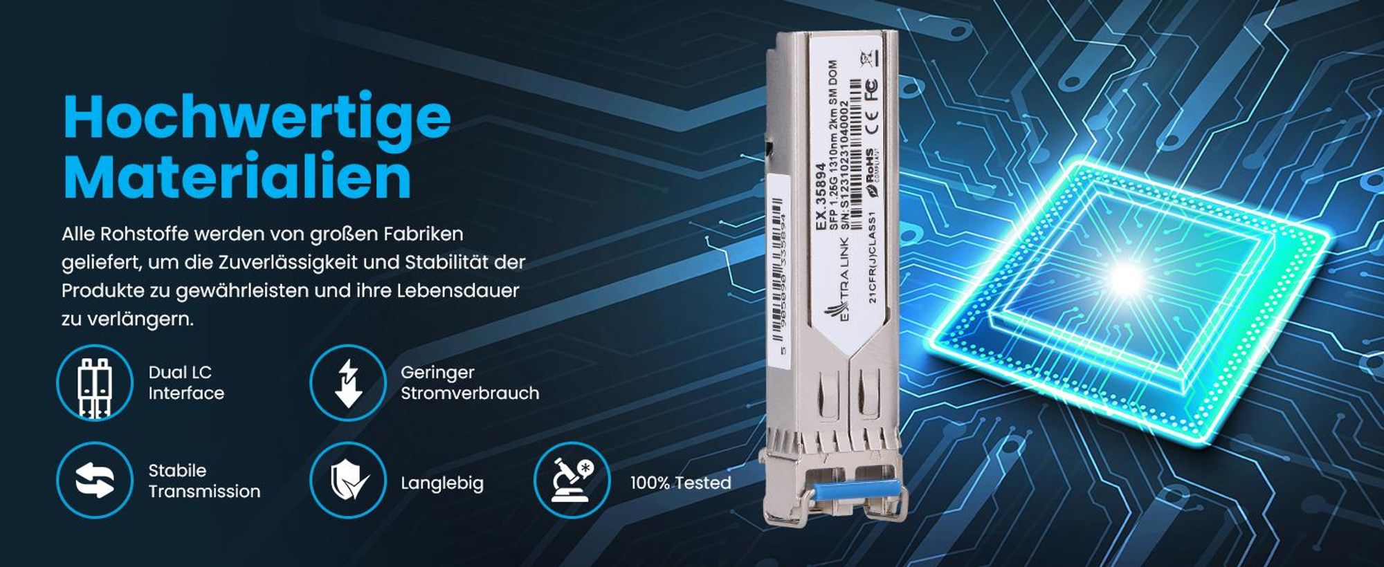 Extralink SFP 1,25G, SFP WDM Modul, 1.25 Gbps, 1310/1550 nm, Single Mode, 3 km, SC, DOM, Paar, dediziert für HP/Aruba