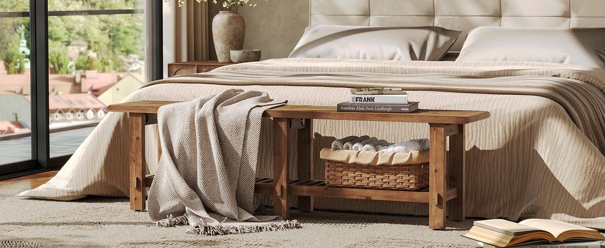 Wanbor Massivholz Sitzbank, 160cm Bettbank im Landhausstil mit Ablage, Flurbank für Schlafzimmer, Wohnzimmer, Eingangsbereich und Flur, Braun