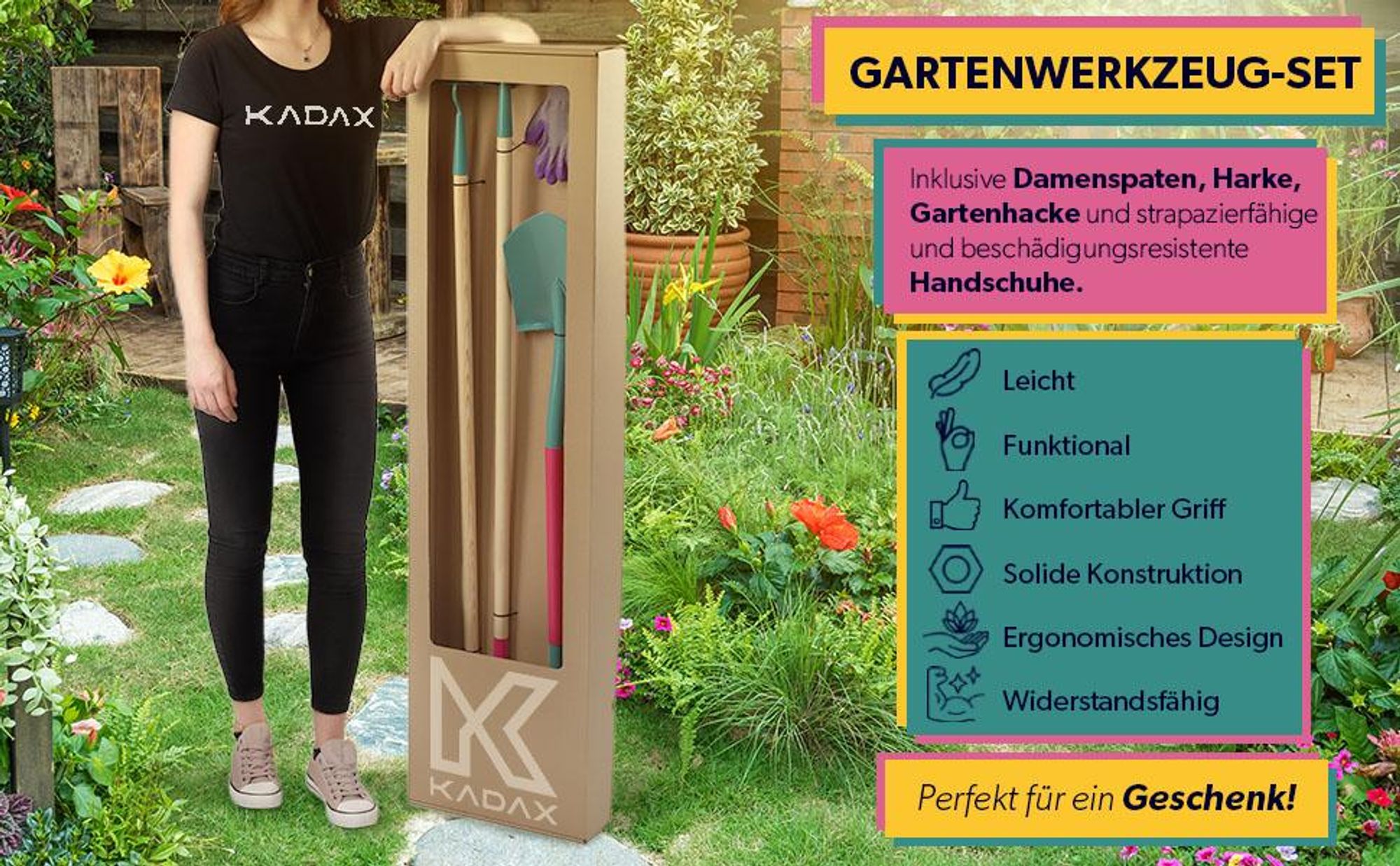KADAX Gartenwerkzeug-Set "Orum", Metall Spaten, Rechen und Hacke, , inclusive Handschuhe, Schaufeln & Spaten