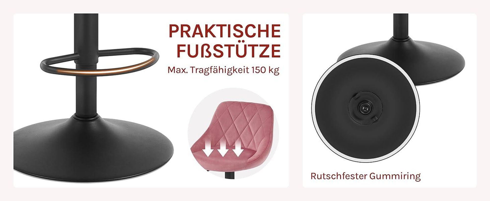 WOLTU Barhocker Barstuhl, Gute gepolsterte Sitzfläche aus Samt, Höhenverstellbar, 360° Drehbar, Rosa