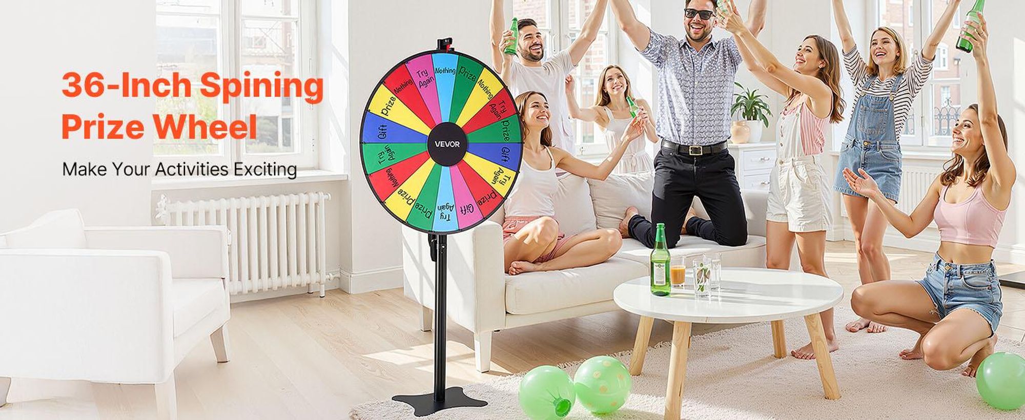 VEVOR 610 mm Drehpreisrad, 14 Slots Drehrad mit Ständer, höhenverstellbares Gewinnroulette mit einem abwischbaren Stift und 2 Markern, 6 Farben, einfache Montage, für Party, Pub, Messe, Karneval, 18, 914 mm