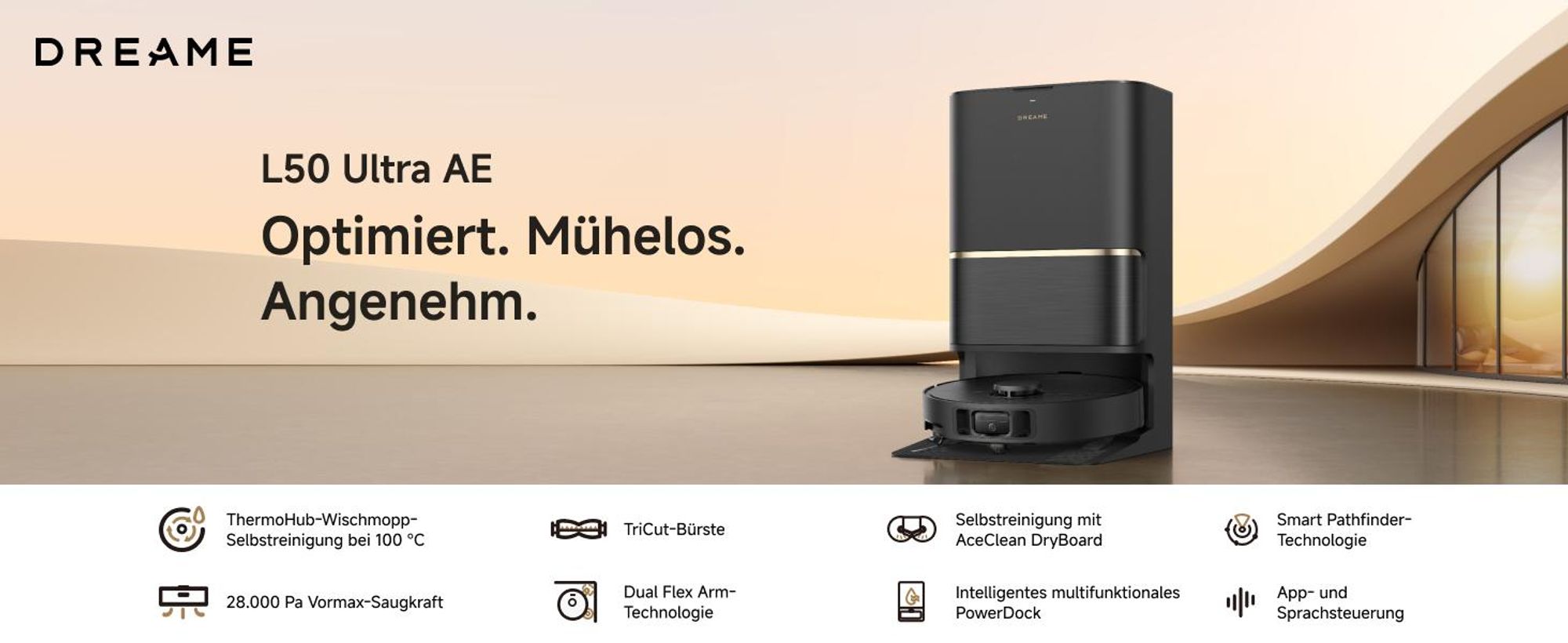 Dreame L50 Ultra AE Saugroboter mit Wischfunktion,28.000Pa Saugleistung,Automatische Entleerungsstation,Ausziehbare Seitenbürste,DryBoard,Schwarz
