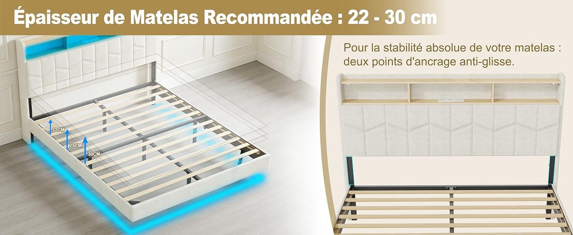 DEWINNER Lit 140x190 avec Sommier | Cadre Flottant | Lit Double avec LED Réglable | Multiprise | Sommier à Lattes | Lin Blanc | Idéal pour Chambre Mod