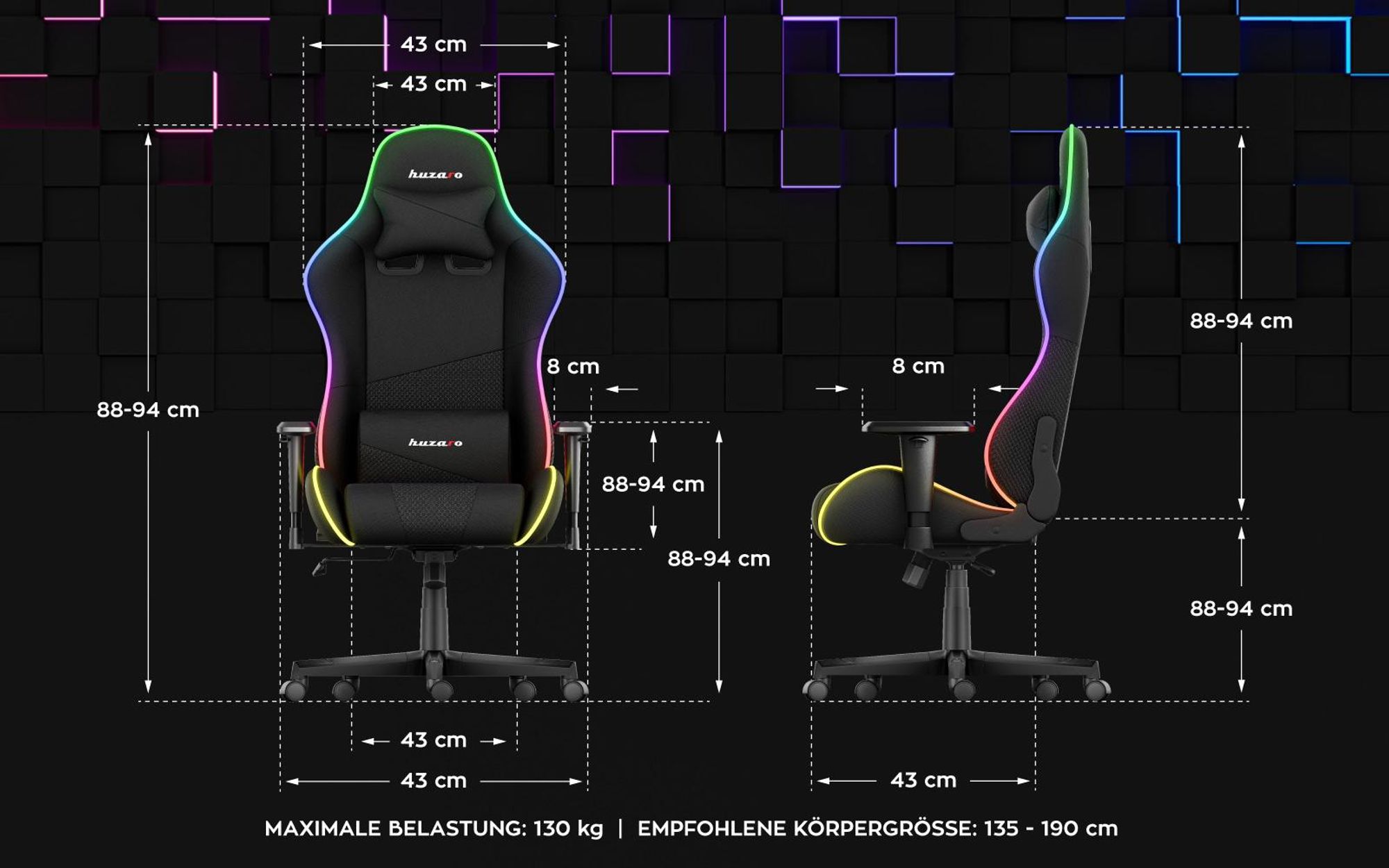 Huzaro Force 6.2 | RGB LED Beleuchtung Gaming Stuhl Gamer Bürostuhl Schreibtischstuhl Gamer Kopfstütze Lendenstütze | bis 130 kg belastbar | Schwarz