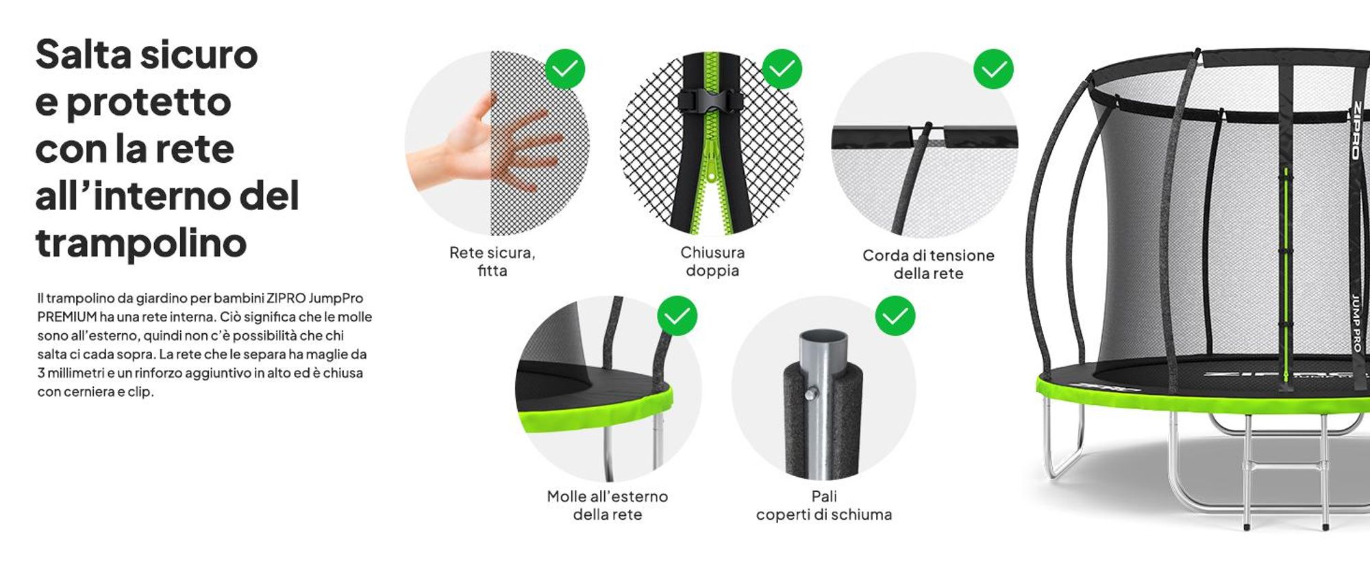 ZIPRO Trampolino Jump Pro Premium | 8FT Ø 252 cm | Trampolino da giardino Trampolino per bambini Set completo incl. rete, scaletta e copertura perimetrale, da esterno, verde