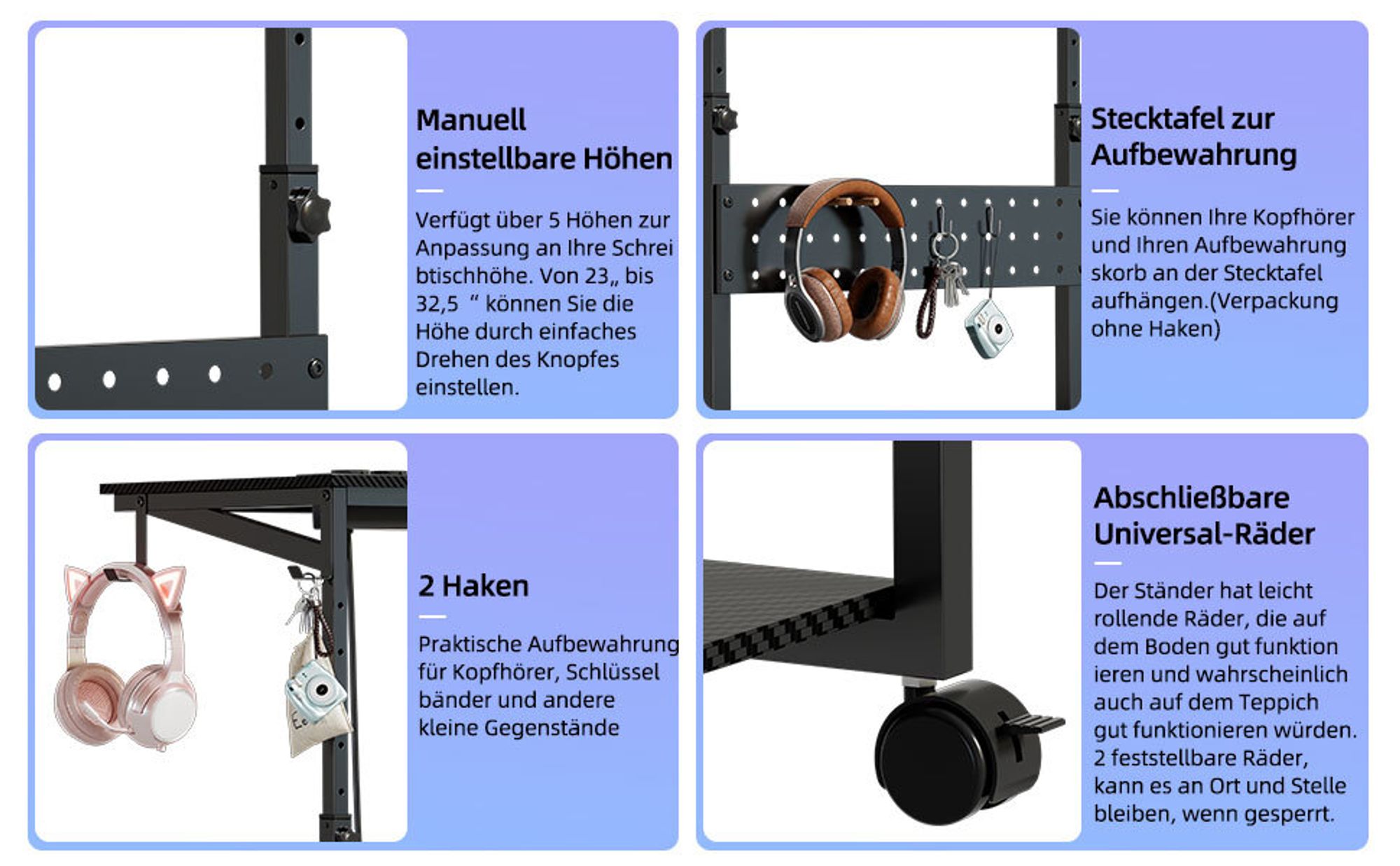 Höhenverstellbarer Computer Tower Ständer, Gehäuse CPU Halter PC Ständer mit Rollen&Ladestation, PC Wagen Drucker Cart, Laptoptisch Beistelltisch