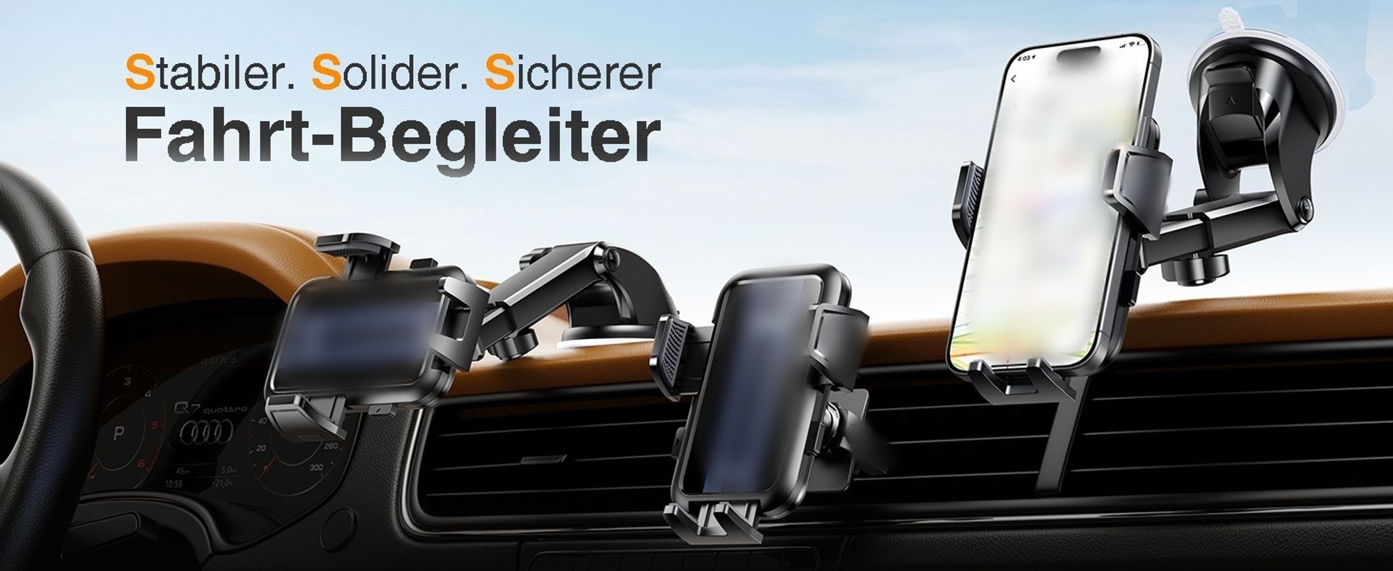 3-in-1 Auto Handyhalterung | Saugnapf & Lüftung Montage | Universal Smartphone Halter für Cockpit, Scheibe & Lüftungsgitter | Stabil & Flexibel | Schw