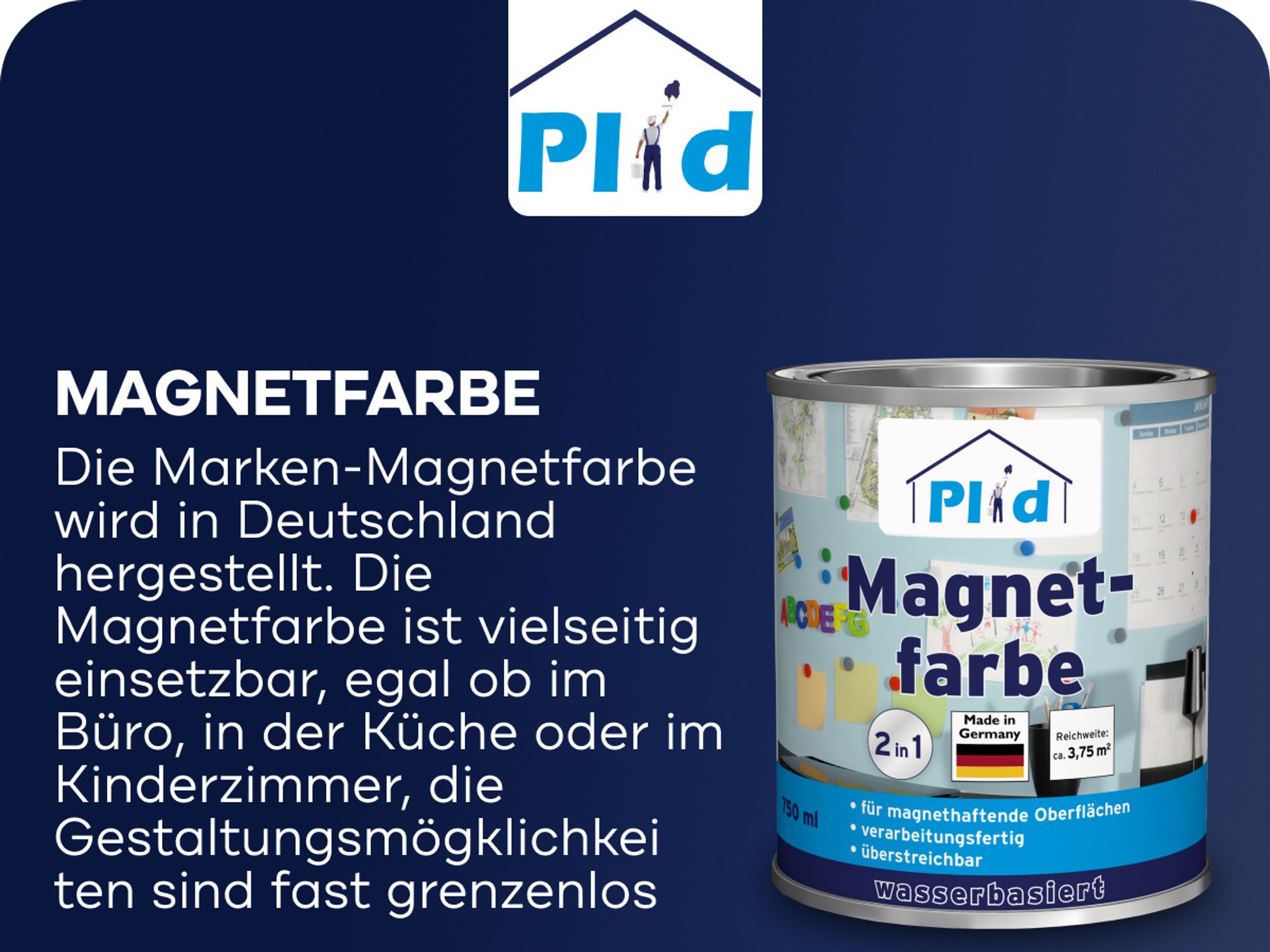 Plid Magnetfarbe 2,25 L für ca. 12 m² Anthrazitgrau | Magnetlack & Wandfarbe magnetisch| Überstreichbar, geruchsarm, hohe Magnetkraft, Germany
