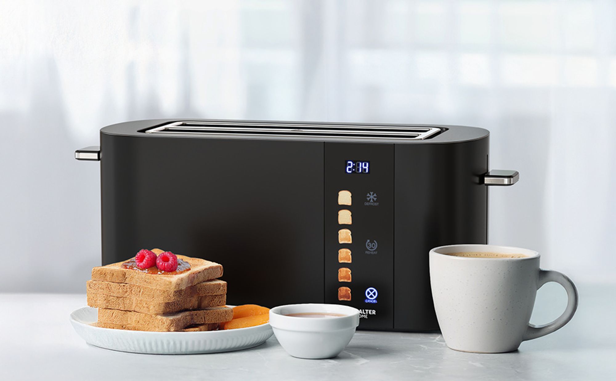 Balter Toaster 4 Scheiben, Edelstahl, Langschlitztoaster mit Brötchenaufsatz, 1400W, LCD Display, Defrost-/Aufwärmfunktion, Krümelschublade, Schwarz