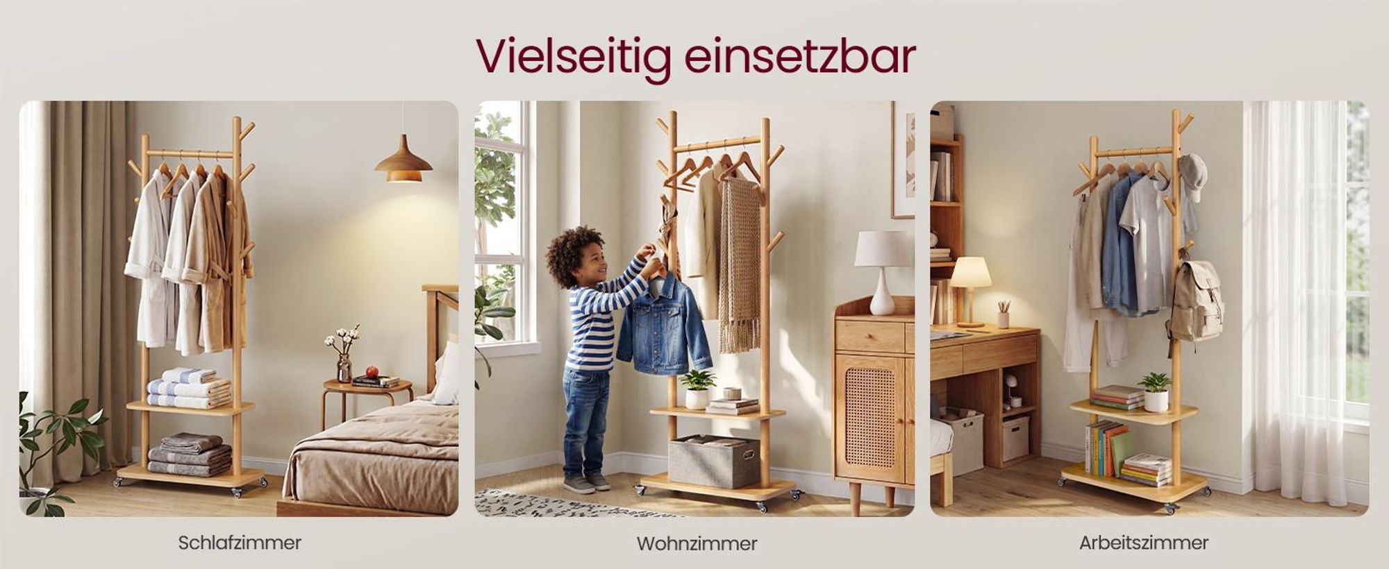 VASAGLE Garderobenständer, 7 Haken, 2 Ablagen, Rollen, Massivholz, Flur, Schlafzimmer, Wohnzimmer, natur