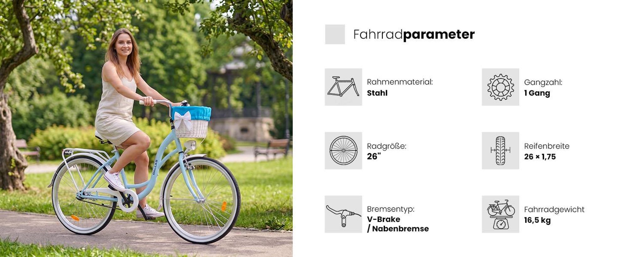 Dallas Bike Damenfahrrad 26 Zoll - Mit Weidenkorb - 1-Gang Rücktritt - Rahmen M 17" - Blau-Weiß
