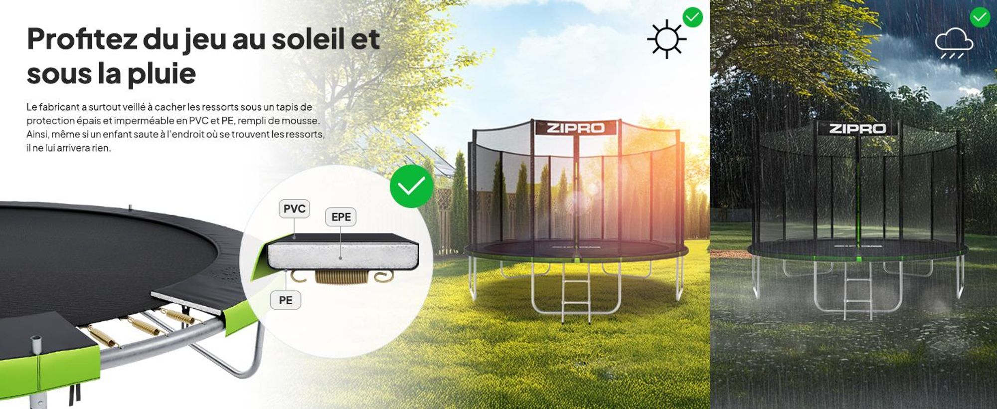 Trampoline ZIPRO Jump Pro Out | 8FT Ø 252 cm | Trampoline de jardin Trampoline pour enfants Kit complet avec filet extérieur, échelle et housse de protection, pour l'extérieur, vert