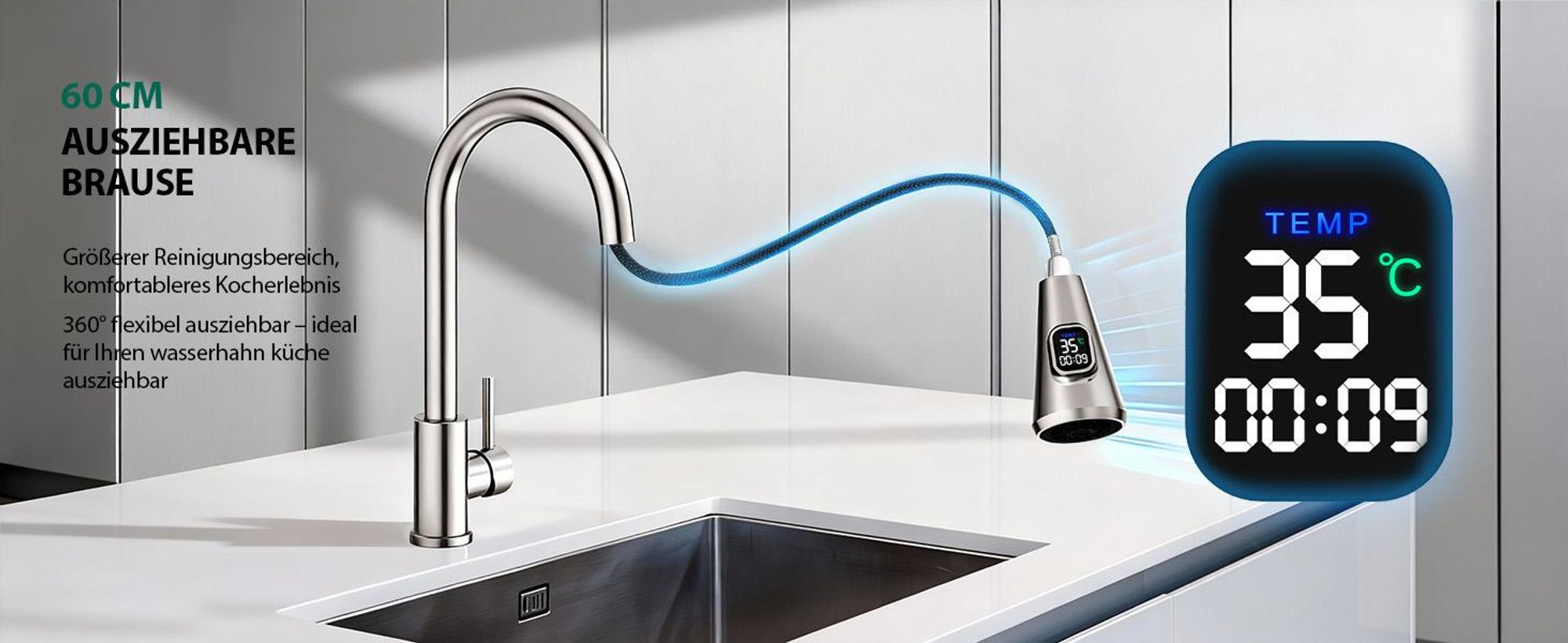 Homelody Wasserhahn Küche mit 2 Strahlarten,360° Drehbar Küchenarmatur,Edelstahl Spültischarmatur,Hochdruck Armatur,Mischbatterie Küche Matt Gebürstet