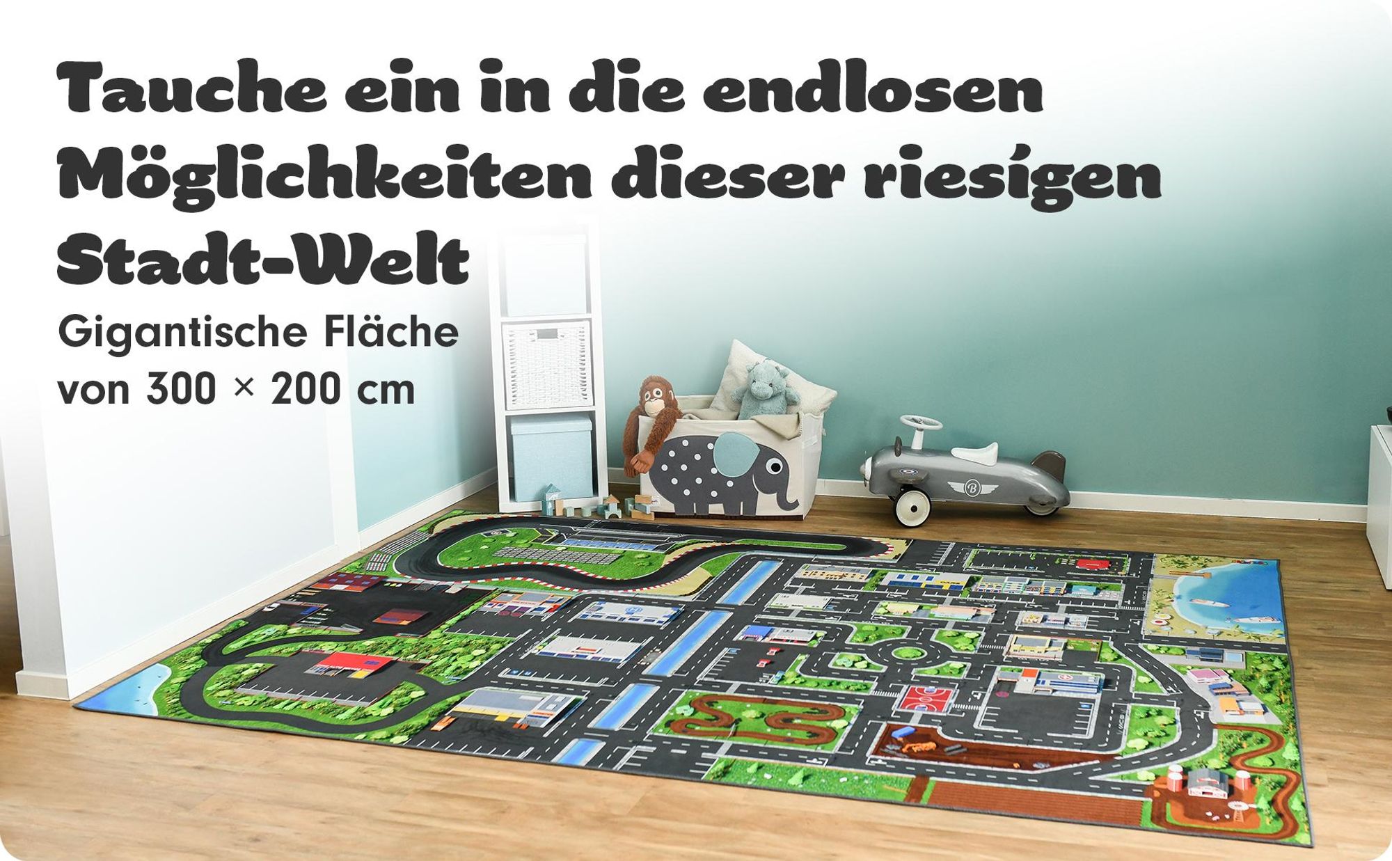 SkippiDoo Kinder Spielteppich Straßenteppich (300x200 cm) - rutschfest & -zertifziert - Teppich Jungen & Mädchen Kinderzimmer, Kinderteppich