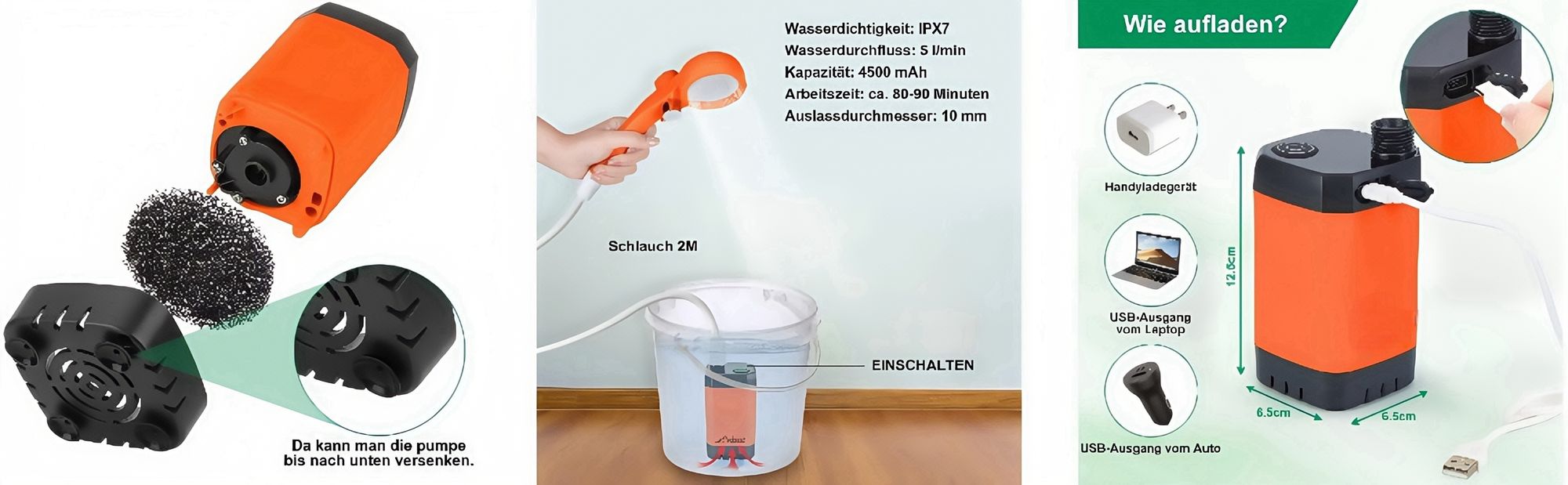Tragbare Campingdusche Akku mit Pumpe, Camping Dusche Outdoor , Mobile Duschen Außenduschen mit Duschkopf und Schlauch, für Camping Garten Autowaschen