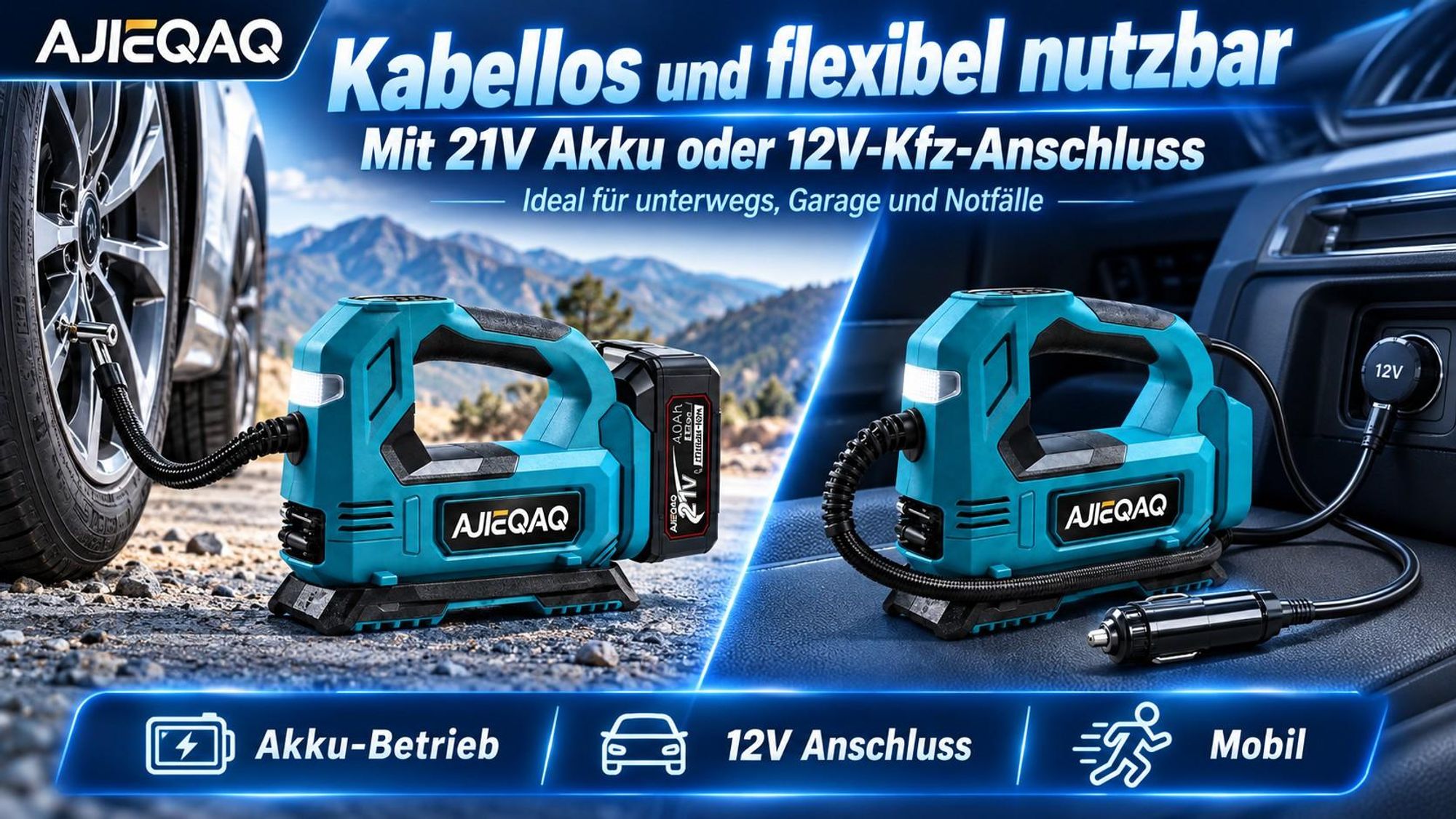 Akku-Luftkompressor 21V 4,0Ah, 150 PSI Reifenfüller mit Auto-Stopp, 12V Kfz-Anschluss, LED, SOS, für Auto, Motorrad & Fahrrad