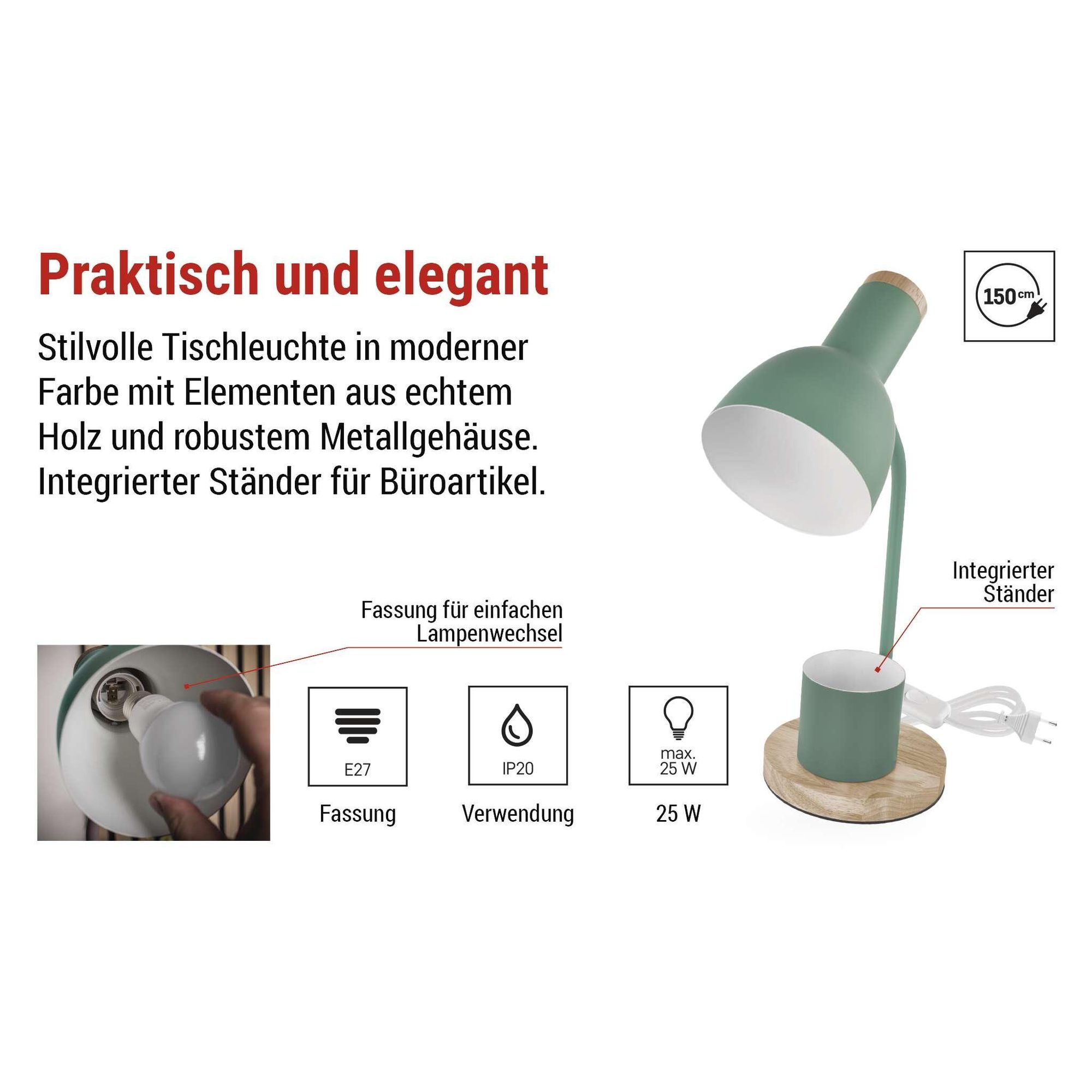 EMOS LED Tischlampe POPPY mit Stift-Halter, E27 Gewinde, Netzkabel 1,5m mit Schalter und Eurostecker, ohne Lichtquelle, E27 max. 25W, Grün, Z7640GR