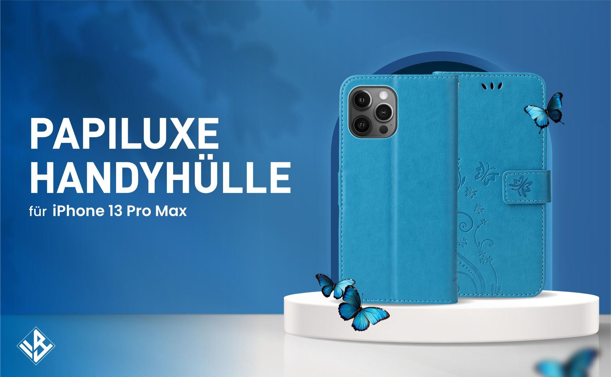 Blaue Klapphülle im Schmetterling Design für Apple iPhone 13 Pro Max mit Wallet-Funktion