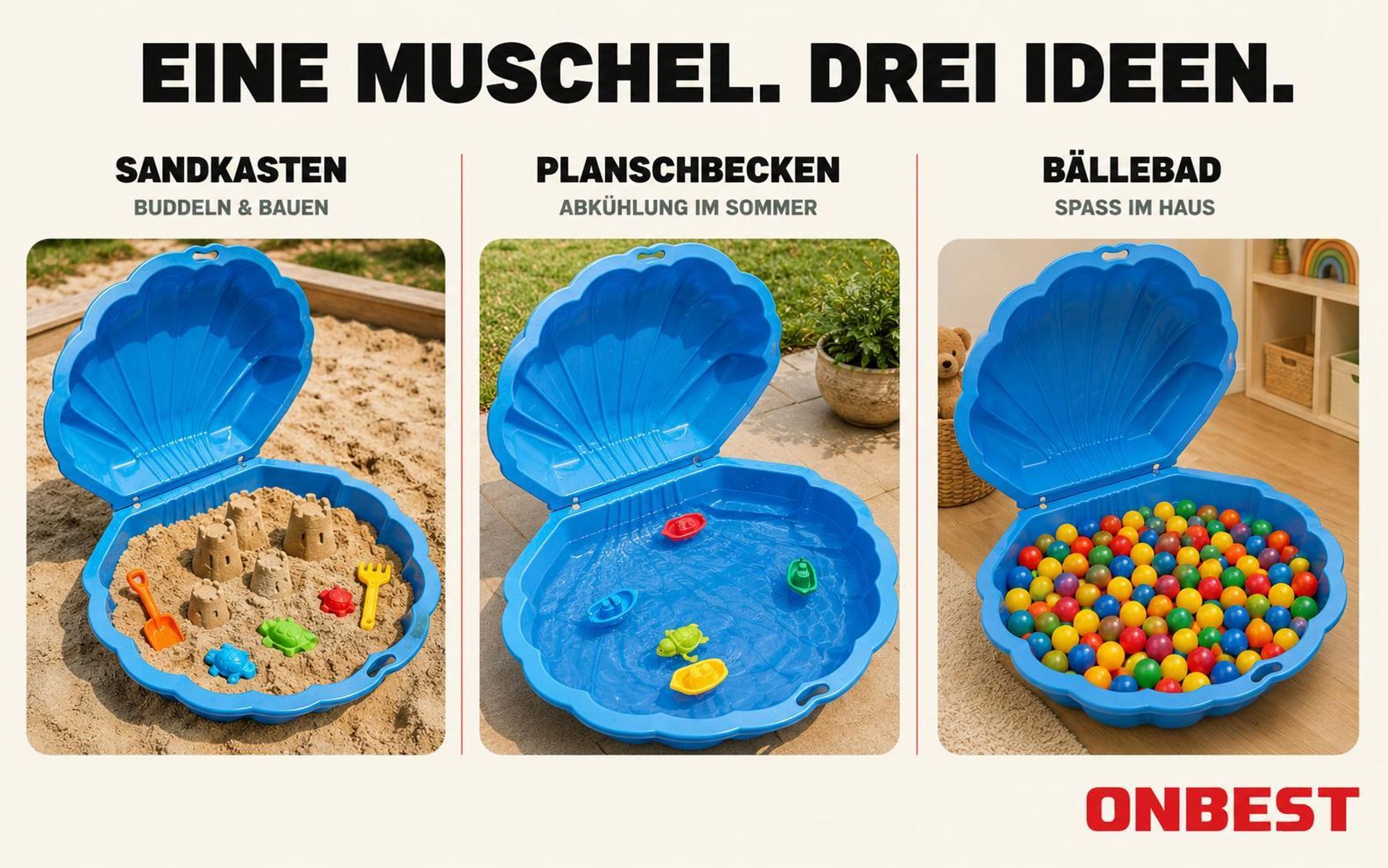 ONBEST Sandkasten 2in1 Sandmuschel mit Deckel | 100 kg | Kunststoff | Blau | ‎88 x 78 x 38 cm