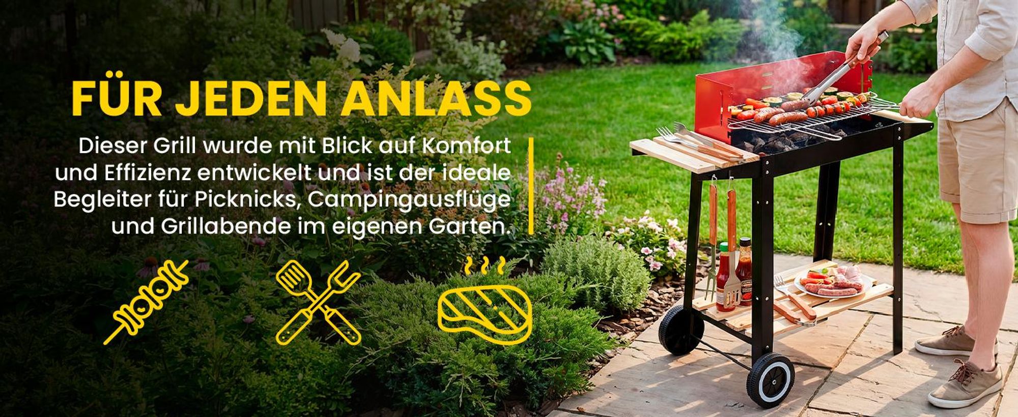 Holkohlegrill Grillwagen mit Regalen und Rädern