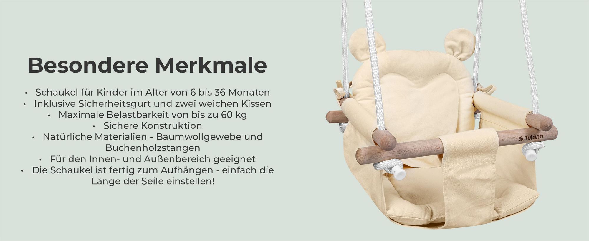 Tulano Hop 30 Beige | Bär Babyschaukel Kinderschaukel | Indoor Outdoor | Sicherheitsgurt | Tragfähigkeit bis 60kg | von 6 bis 36 Monaten