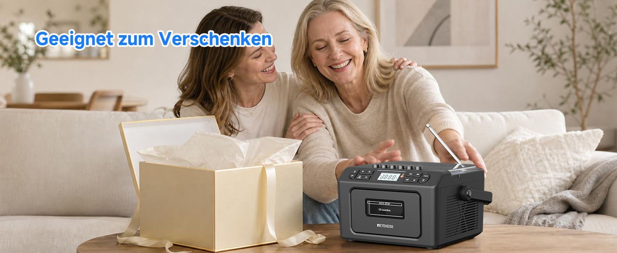 Retekess TR642 CD Player mit Kassette,3W Lautsprecher,Stereo, Bluetooth,AM/FM-Radio,AUX,5000mAh Akku,Boombox Kassettenspieler für Kinder Erwachsene