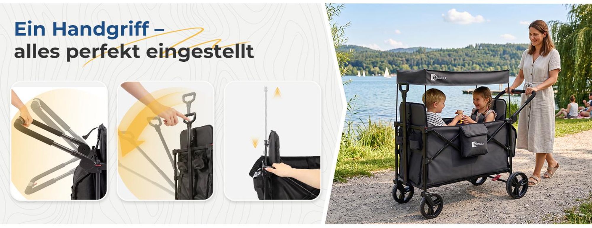 Sekey Faltbar Bollerwagen mit Dach, für 1 bis 2 Kinder, Schiebe- und Zieh Funktion, mit XXL-Rädern (25/20 cm) und 5-Punkt-Gurtsystem, Grau
