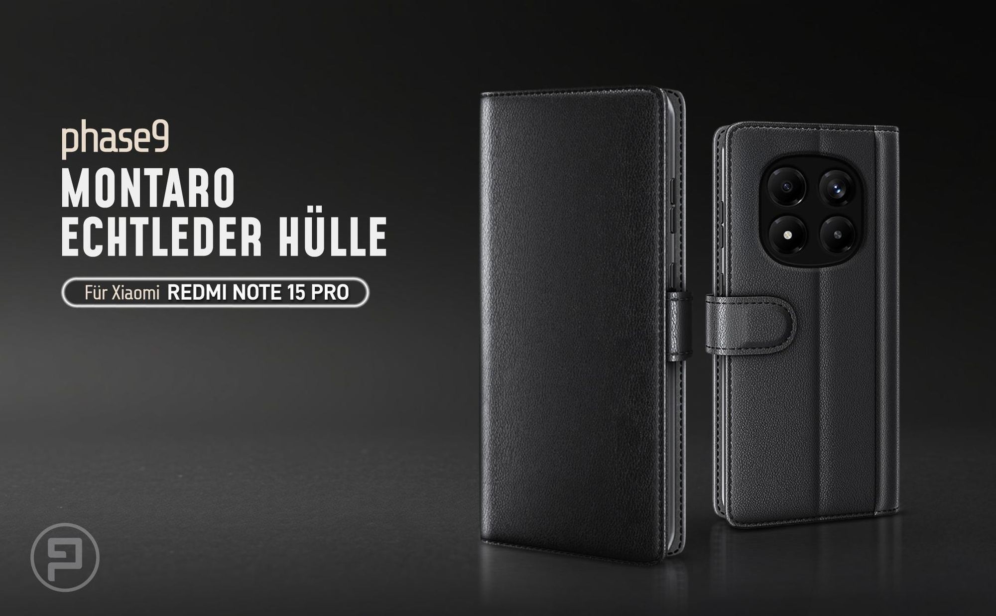Schwarze Lederhülle für Xiaomi Redmi Note 15 Pro mit Magnetschließe
