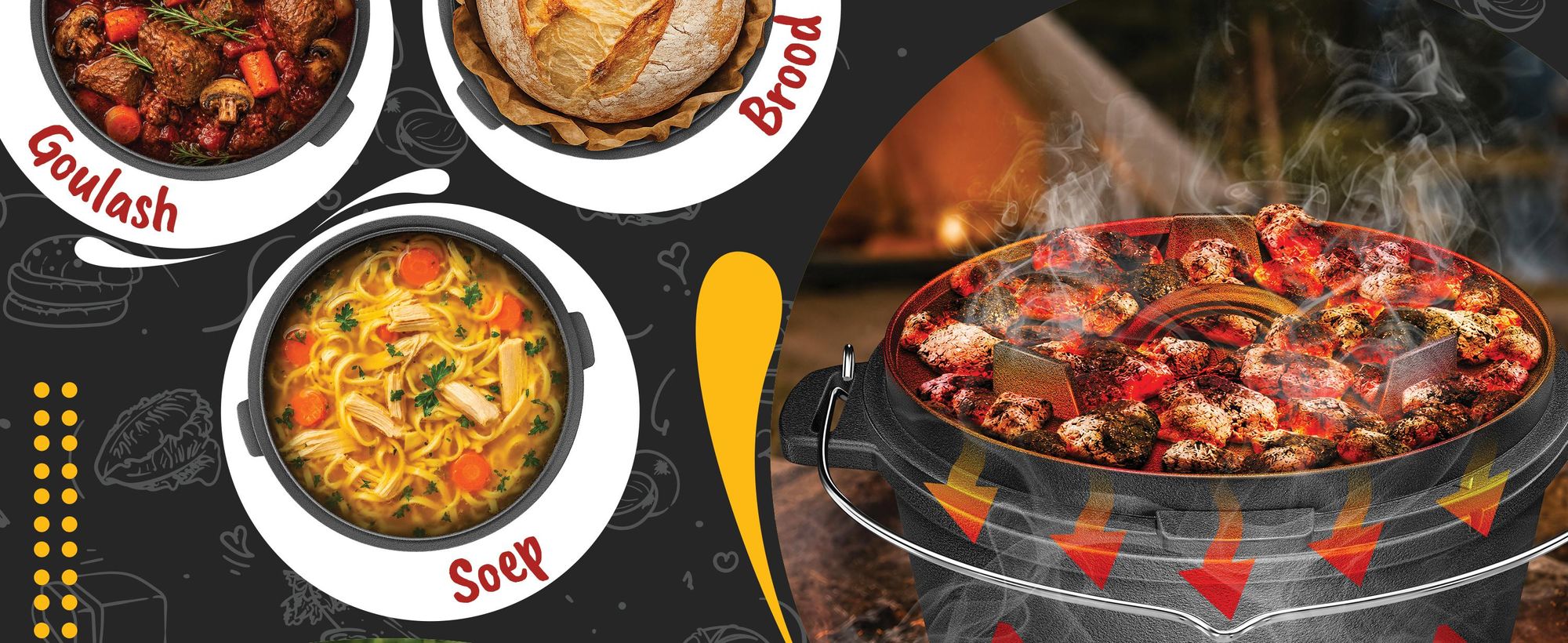 aktimeo Dutch Oven 12,0 L gietijzeren pan met deksel incl. accessoires en receptenboek
