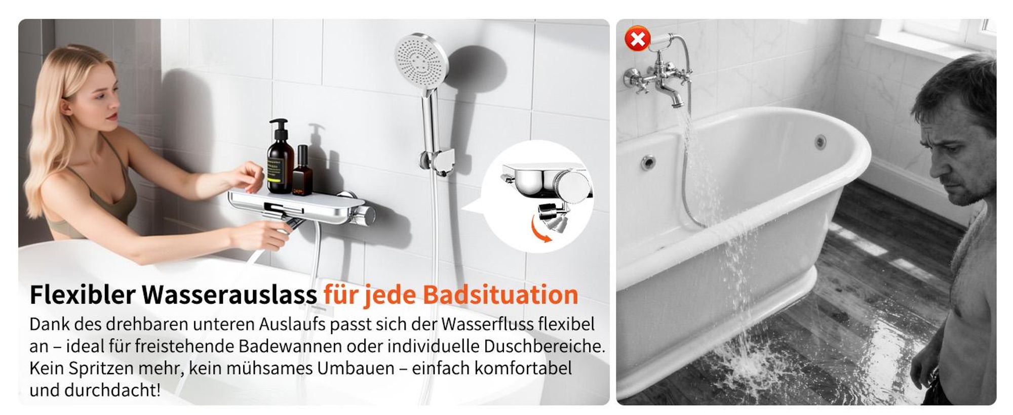 Homelody Brausebatterie-Set, Brausebatterie mit Handbrause & Ablage, Badewannenarmatur Brausehalter und Brauseschlauch inkl. Chrom