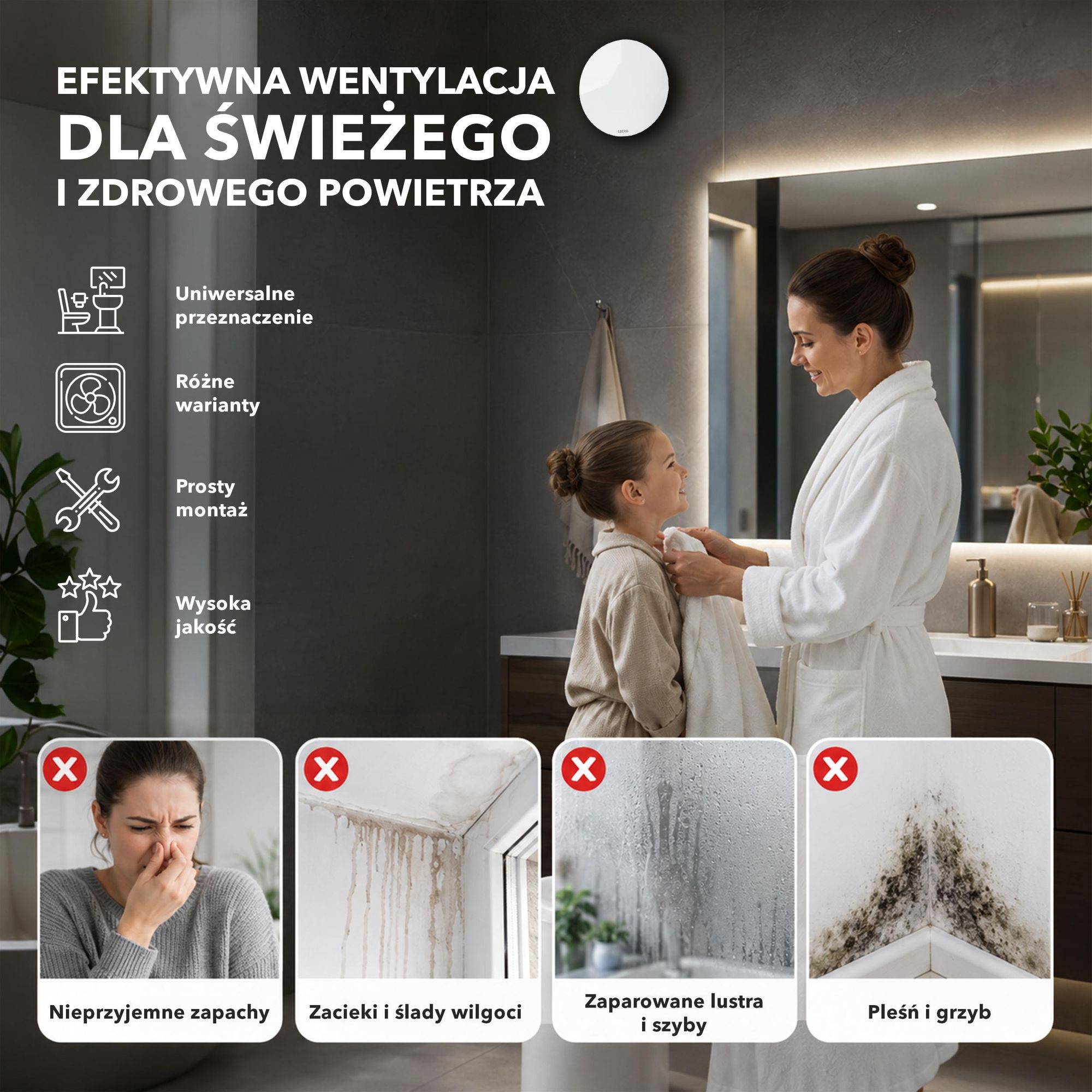 EBERG AXO 100 Wentylator Łazienkowy 100 mm Klapa Zwrotna Łożyska Kulkowe Biały