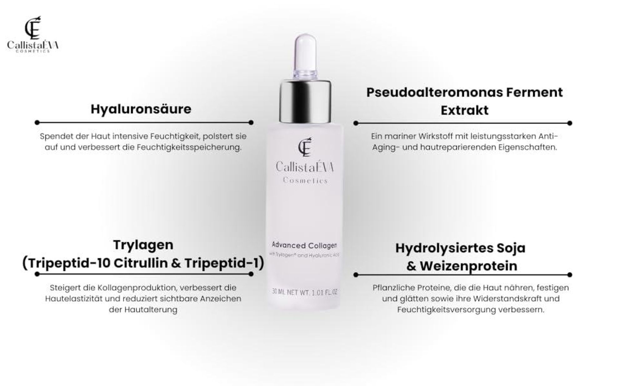 CallistaÉVA Advanced Peptide Kollagen Serum Mit Peptiden & Hyaluronsäure– Anti-Aging Gesichtsserum, – Reduziert Falten & Spendet Feuchtigkeit – 30ml