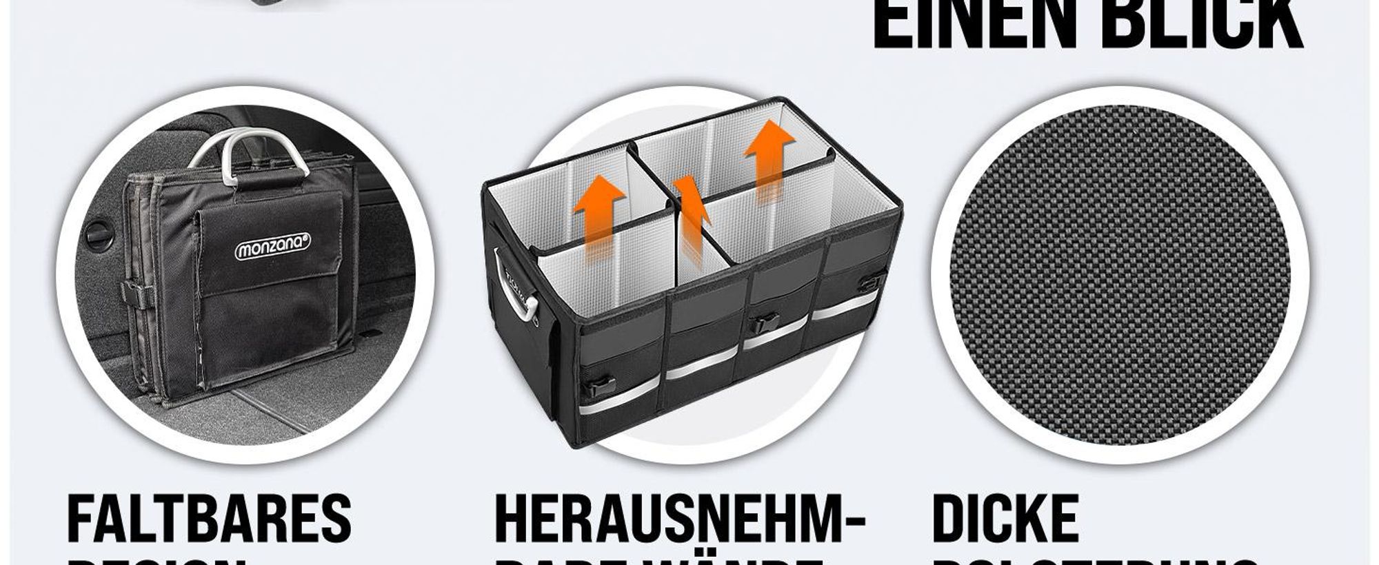 MONZANA® Kofferraum Organizer Deckel 68L Isolierfolie Trennwände Wasserdicht Faltbar MDF Wände Rutschfest Kofferraumtasche Kofferraumbox Auto Schwarz