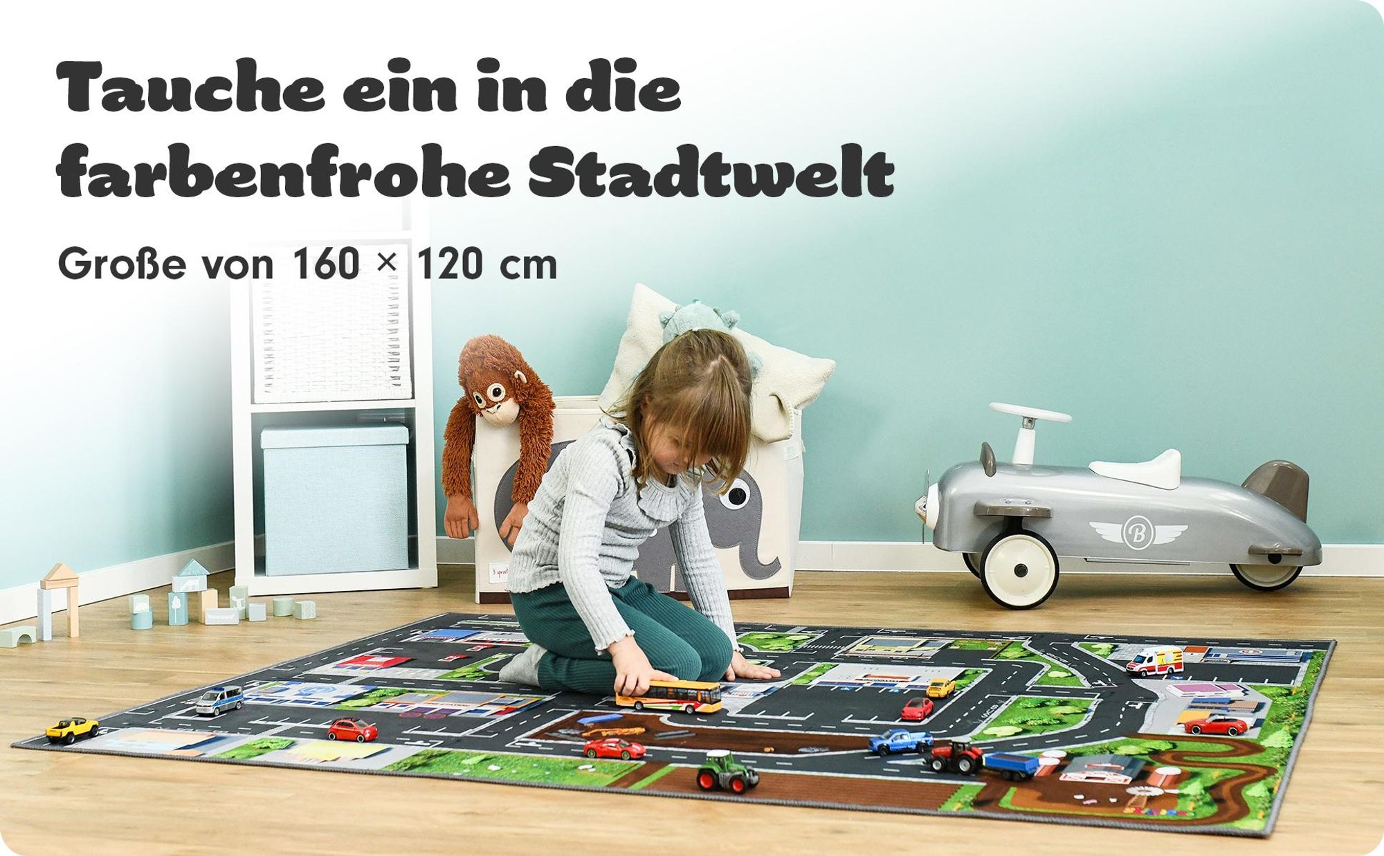 SkippiDoo Kinder Spielteppich Straßenteppich (160x120 cm) - rutschfest & -zertifziert - Teppich Jungen & Mädchen Kinderzimmer, Kinderteppich