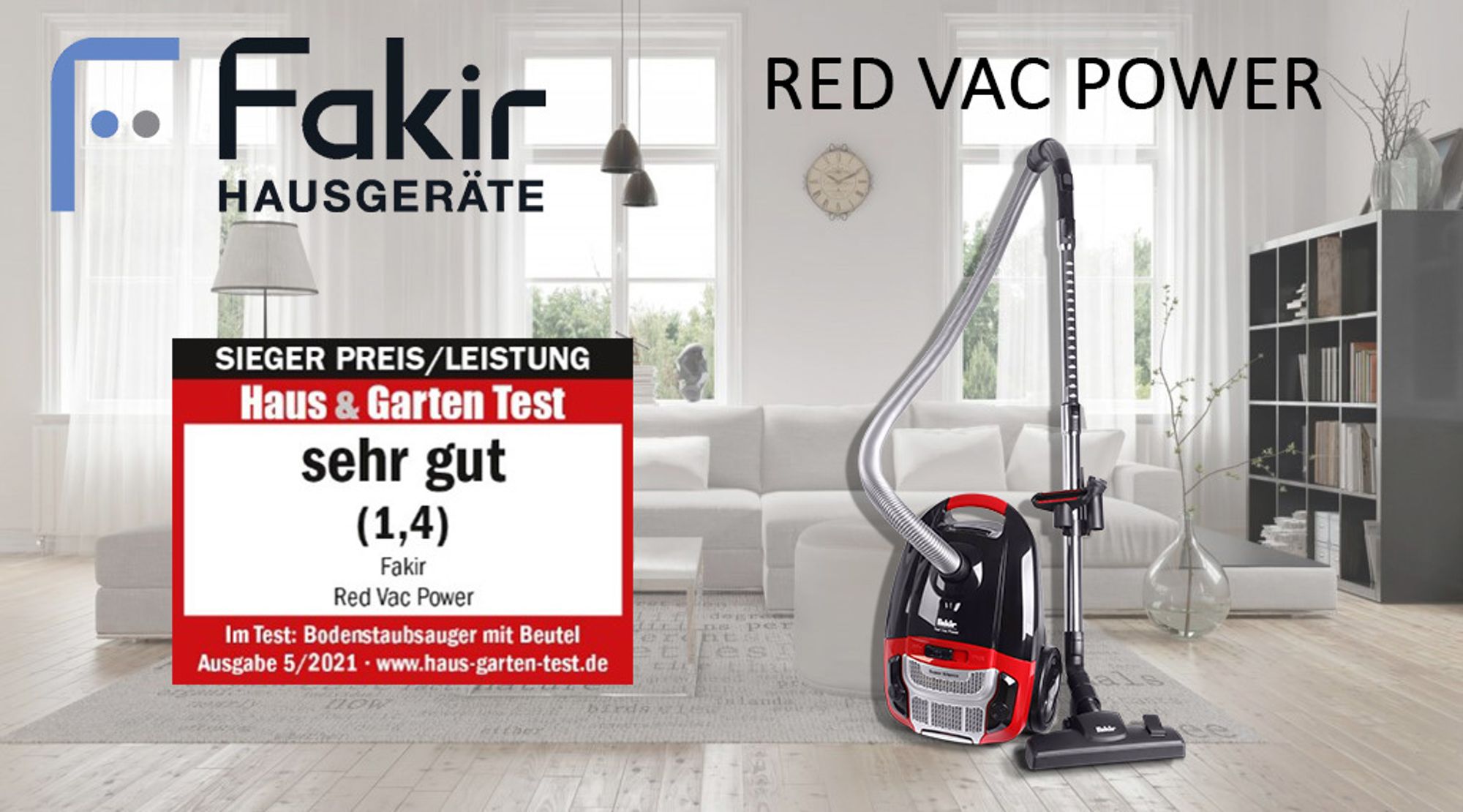Fakir Red Vac Power Staubsauger mit Beutel 700W, Bodenstaubsauger, HEPA H13 Filter, sehr leisem Hocheffizienzmotor 69dB(A), 3l Staubbeutel, 9m Radius