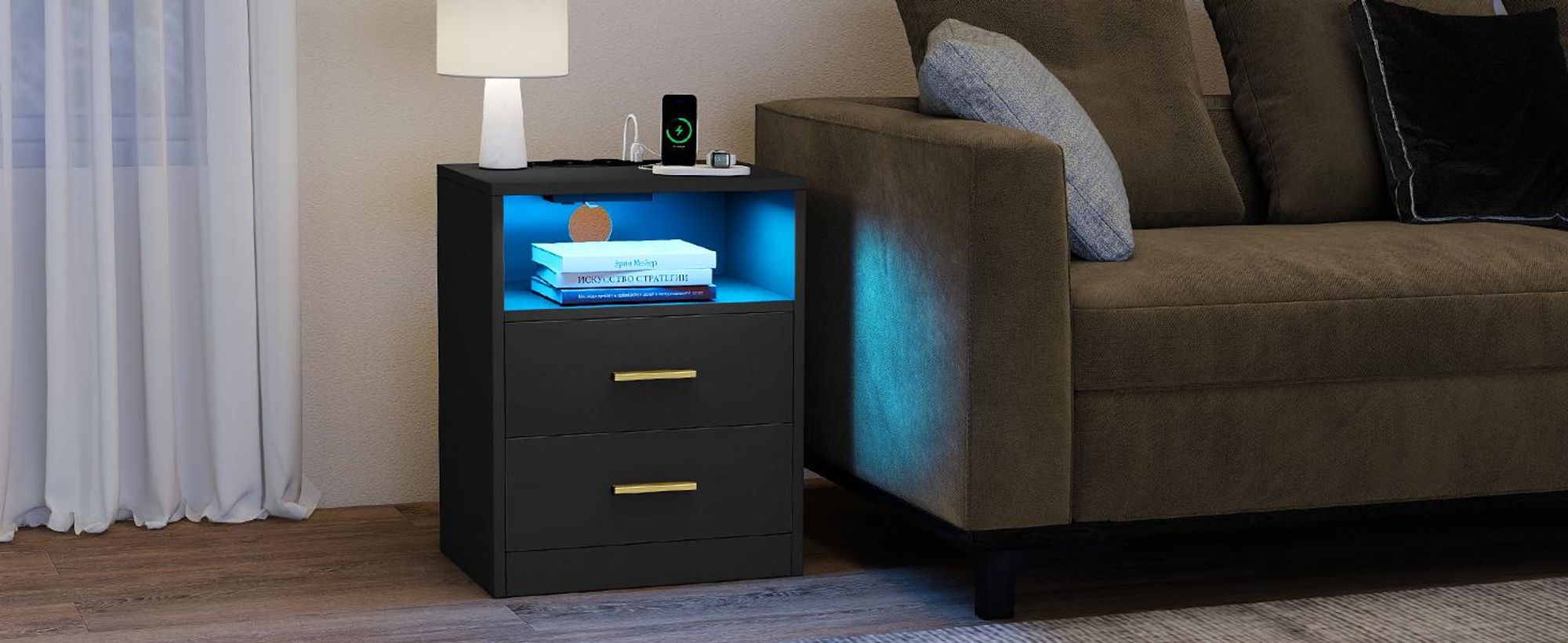 VASAGLE Beistelltisch mit Schubladen, 2er Set, Nachttisch aus Holz, Schlafzimmer, Massivholzbeine, schwarz
