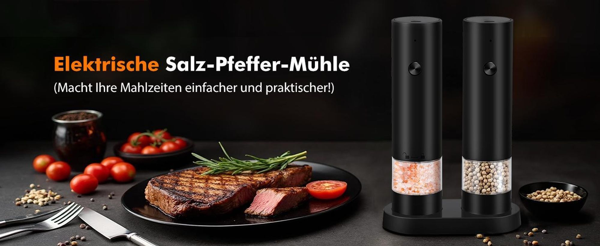 2er Set Elektrische Salz und Pfeffermühlen, Salzmühle, Gewürzmühle, Einstellbarer Grobheit, USB Wiederaufladbare, mit Doppelter Ladestation