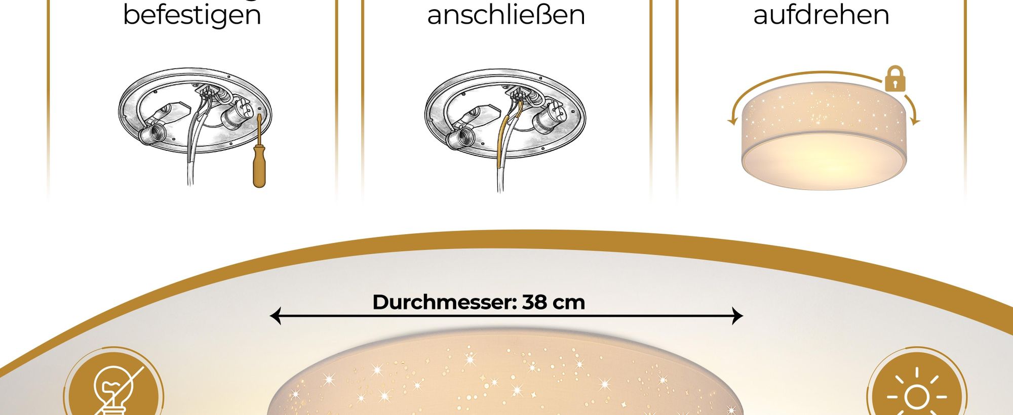 MONZANA® Deckenlampe Sternenhimmel Wohnzimmer Schlafzimmer E27 Weiß Rund 38cm Stoffschirm 2-Flammig 40W Küche Lampe Deckenleuchte Stoffdeckenlampe