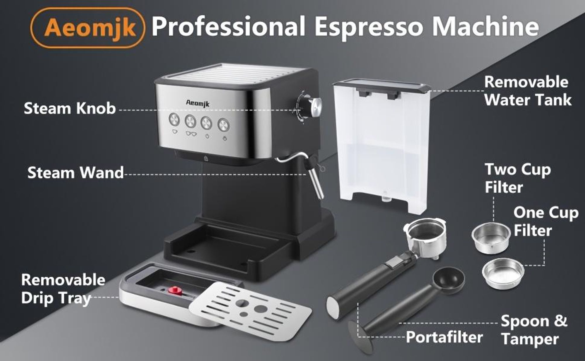 Aeomjk Espressomaschine 20 Bar Siebträger Milchaufschäumer 1.5 L  schwarz