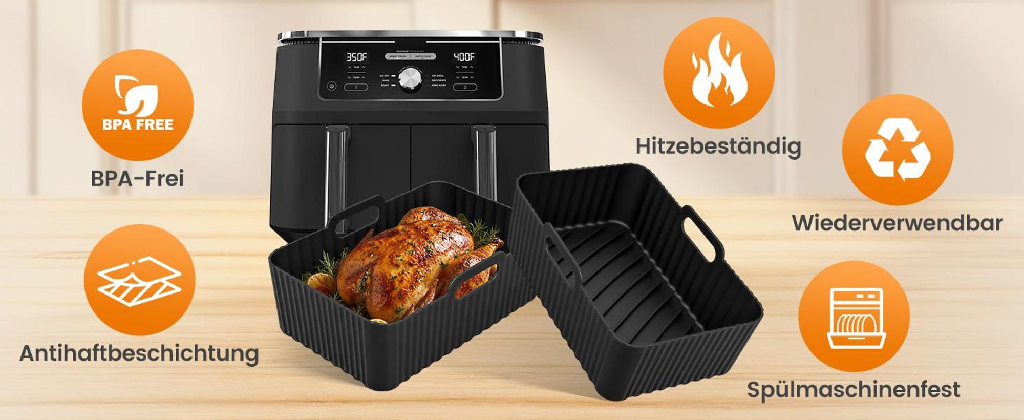 Airfryer Zubehör 24-teilig, kompatibel mit Ninja Cosori, Silikonform Zubehör Set für Dual Zone 7,6–10,4 L, faltbar, BPA-frei, spülmaschinenfest